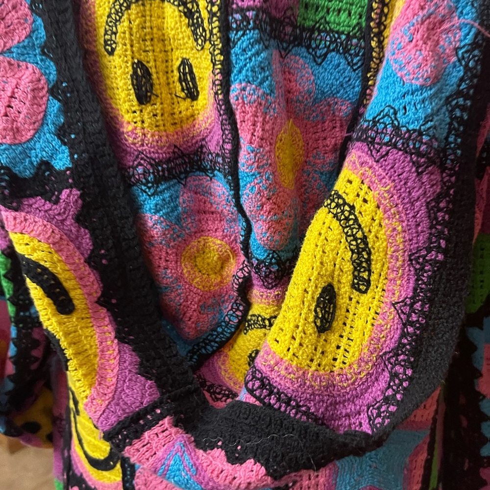 Colorful Crochet Cardigan dusterwith Smiley Faces. Smile all day!! - Picture 4 of 16